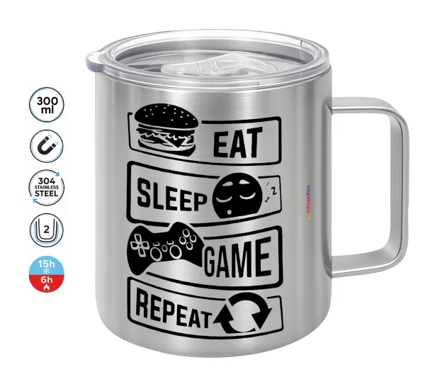 Eat Sleep Game Repeat — Double-walled stainless steel mug 300ml with temperature-retaining lid