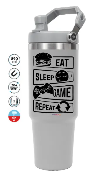 Eat Sleep Game Repeat — GREY Travel Tumbler with Handle 890ml