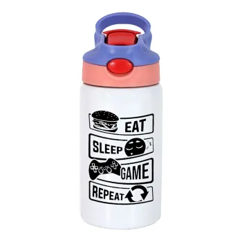 Eat Sleep Game Repeat, Παιδικό παγούρι θερμό, ανοξείδωτο, με καλαμάκι ασφαλείας, ροζ/μωβ (350ml)