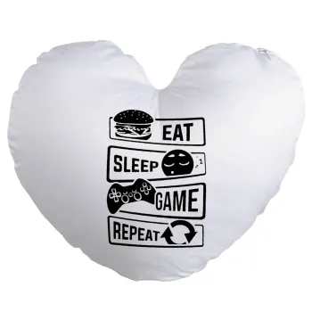 Eat Sleep Game Repeat, Μαξιλάρι καναπέ καρδιά 40x40cm περιέχεται το  γέμισμα