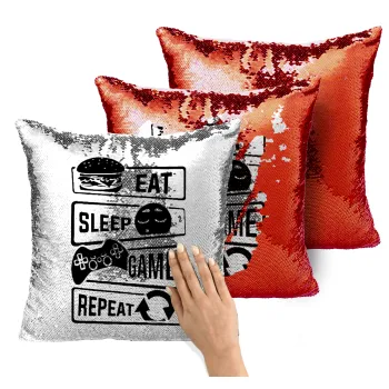 Eat Sleep Game Repeat, Μαξιλάρι καναπέ Μαγικό Κόκκινο με πούλιες 40x40cm περιέχεται το γέμισμα
