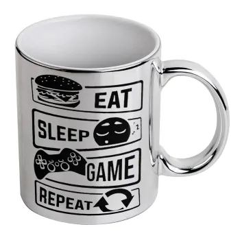 Eat Sleep Game Repeat, Κούπα κεραμική, ασημένια καθρέπτης, 330ml