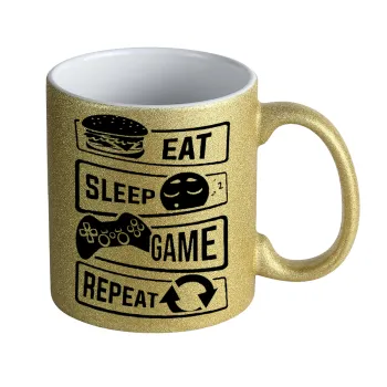 Eat Sleep Game Repeat, Κούπα Χρυσή Glitter που γυαλίζει, κεραμική, 330ml