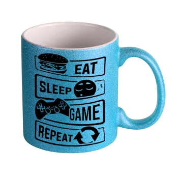 Eat Sleep Game Repeat, Κούπα Σιέλ Glitter που γυαλίζει, κεραμική, 330ml