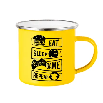 Eat Sleep Game Repeat, Κούπα Μεταλλική εμαγιέ Κίτρινη 360ml