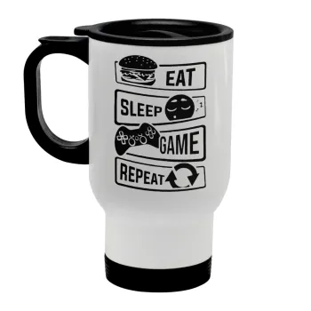 Eat Sleep Game Repeat, Stainless steel travel mug with lid, double wall white 450ml