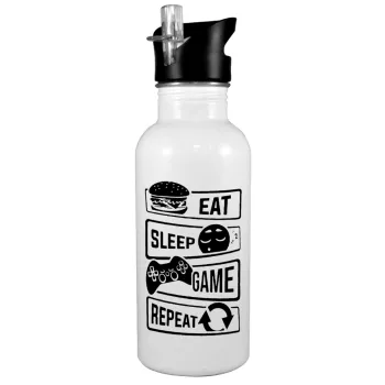 Eat Sleep Game Repeat, Παγούρι νερού Λευκό με καλαμάκι, ανοξείδωτο ατσάλι 600ml