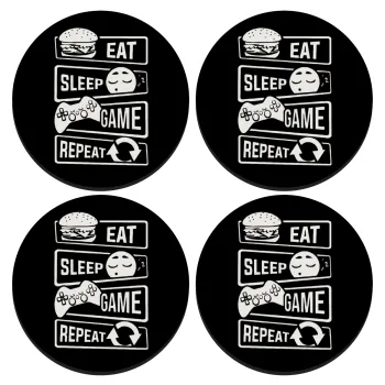 Eat Sleep Game Repeat, SET of 4 round wooden coasters (9cm)