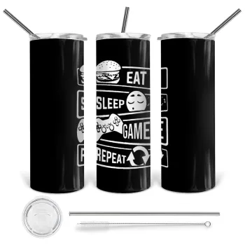 Eat Sleep Game Repeat, Tumbler stainless steel 600ml, with metal straw & cleaning brush