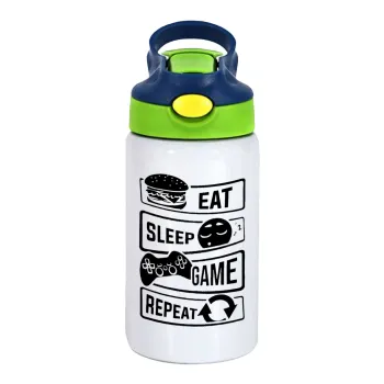 Eat Sleep Game Repeat, Children's hot water bottle, stainless steel, with safety straw, green, blue (350ml)