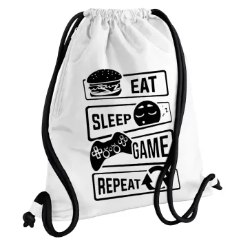 Eat Sleep Game Repeat, Backpack pouch GYMBAG white, with pocket (40x48cm) & thick cords