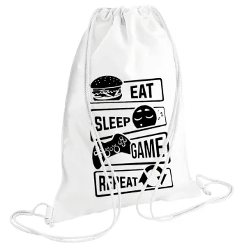 Eat Sleep Game Repeat, Backpack pouch GYMBAG white (28x40cm)