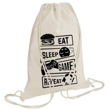 Eat Sleep Game Repeat, Τσάντα πλάτης πουγκί GYMBAG natural (28x40cm)