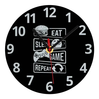 Eat Sleep Game Repeat, Ρολόι τοίχου γυάλινο (20cm)