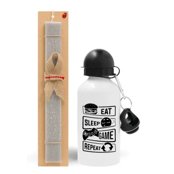 Eat Sleep Game Repeat, Easter Set, metallic aluminum water bottle (500ml) & aromatic flat Easter candle (30cm) (GRAY)