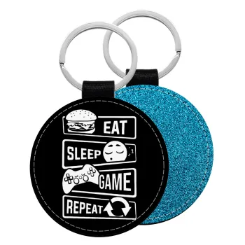 Eat Sleep Game Repeat, Μπρελόκ Δερματίνη, στρογγυλό ΜΠΛΕ (5cm)
