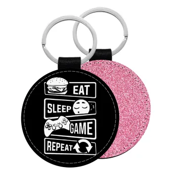 Eat Sleep Game Repeat, Μπρελόκ Δερματίνη, στρογγυλό ΡΟΖ (5cm)