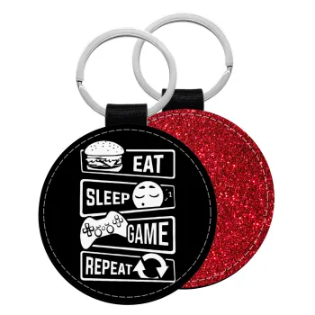 Eat Sleep Game Repeat, Μπρελόκ Δερματίνη, στρογγυλό ΚΟΚΚΙΝΟ (5cm)