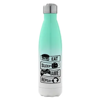 Eat Sleep Game Repeat, Μεταλλικό παγούρι θερμός Πράσινο/Λευκό (Stainless steel), διπλού τοιχώματος, 500ml