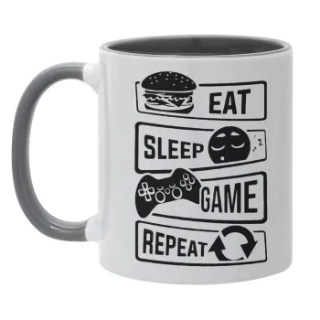 Eat Sleep Game Repeat, Κούπα χρωματιστή γκρι, κεραμική, 330ml