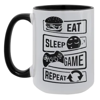 Eat Sleep Game Repeat, Κούπα Mega 15oz, κεραμική Μαύρη, 450ml