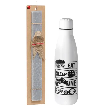 Eat Sleep Game Repeat, Πασχαλινή Λαμπάδα με μεταλλικό παγούρι θερμός ανοξείδωτο (500ml) & κερί αρωματικό πλακέ (30cm) (ΓΚΡΙ)