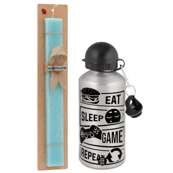 Eat Sleep Game Repeat, Easter Set, metallic silver aluminum water bottle (500ml) & scented flat Easter candle (30cm) (TURQUOISE)