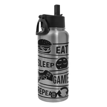 Eat Sleep Game Repeat, Μεταλλικό παγούρι θερμός Silver με καλαμάκι και χερούλι (Stainless steel), διπλού τοιχώματος, 950ml
