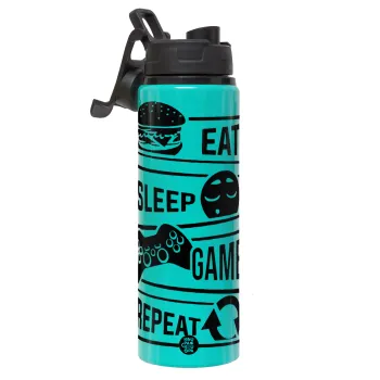 Eat Sleep Game Repeat, Μεταλλικό παγούρι νερού με καπάκι ασφαλείας, αλουμινίου 850ml