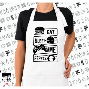 Eat Sleep Game Repeat, Ποδιά μακριά Σεφ ολόσωμη με τσέπες white (ΕΝΗΛΙΚΩΝ)