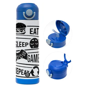 Eat Sleep Game Repeat, Παιδικό παγούρι θερμό, ανοξείδωτο, με καλαμάκι ασφαλείας, ΜΠΛΕ (500ml)
