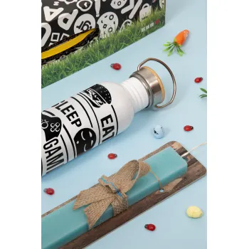 Eat Sleep Game Repeat, Easter Set, metallic silver aluminum water bottle (500ml) & scented flat Easter candle (30cm) (TURQUOISE)