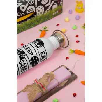 Eat Sleep Game Repeat, Easter Set, SS Metallic water bottle (620ml, stainless steel) & scented flat Easter candle (30cm) (PINK)