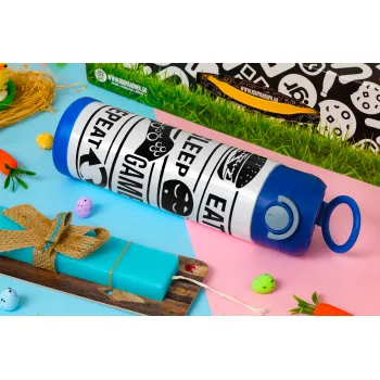 Eat Sleep Game Repeat, Easter candle, Childrens hot water bottle, stainless steel, with safety straw, BLUE (500ml)