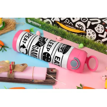Eat Sleep Game Repeat, Easter candle, Childrens hot water bottle, stainless steel, with safety straw, PINK (500ml)