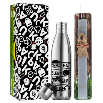 Eat Sleep Game Repeat, Easter Set, metallic stainless thermos flask (500ml) & scented flat Easter candle (30cm) (GRAY)