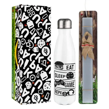 Eat Sleep Game Repeat, Easter candle, metallic white thermos bottle (500ml) & aromatic flat candle (30cm) (GRAY)