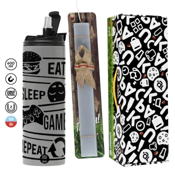 Eat Sleep Game Repeat, Easter candle with Grey Tumbler Thermo 600ml & aromatic flat candle (30cm) (GREY)