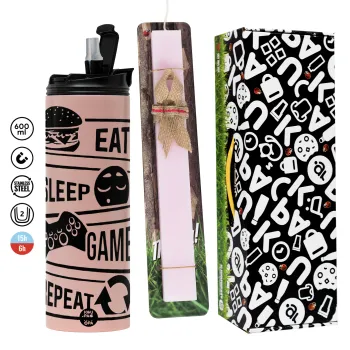 Eat Sleep Game Repeat, Easter candle,Travel Tumbler 2 Lids, with metal straw & cleaning brush & aromatic flat candle (30cm) (PINK)