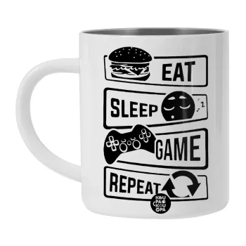 Eat Sleep Game Repeat, Λευκή Ανοξείδωτη Μεταλλική Κούπα 450ml - Διπλού Τοιχώματος 