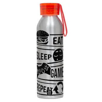 Eat Sleep Game Repeat, Aluminum Sports Bottle 650ml – Silver with Red Cap and Silicone Strap