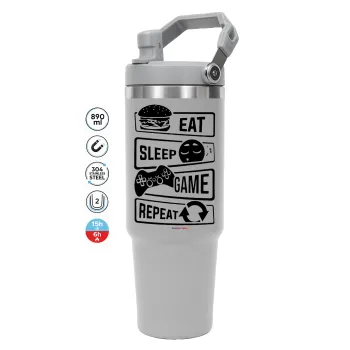 Eat Sleep Game Repeat, ΓΚΡΙ χρώματος Θερμός Ανοξείδωτο 890ml (30oz) με χερούλι