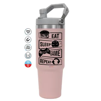 Eat Sleep Game Repeat, ΡΟΖ χρώματος Θερμός Ανοξείδωτο 890ml (30oz) με χερούλι