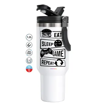 Eat Sleep Game Repeat, Mega Tumbler με καπάκι, διπλού τοιχώματος (θερμό) 1,2L
