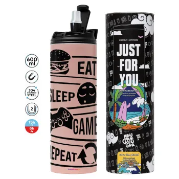 Eat Sleep Game Repeat, Tumbler stainless steel PINK 600ml