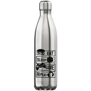 Eat Sleep Game Repeat, Μεταλλικό παγούρι θερμός Inox (Stainless steel), διπλού τοιχώματος, 750ml