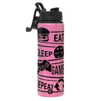 Eat Sleep Game Repeat, Μεταλλικό παγούρι νερού με καπάκι ασφαλείας, αλουμινίου 850ml