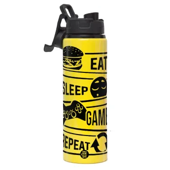 Eat Sleep Game Repeat, Μεταλλικό παγούρι νερού με καπάκι ασφαλείας, αλουμινίου 850ml