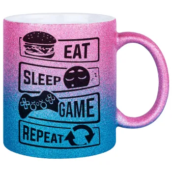 Eat Sleep Game Repeat, Κούπα Χρυσή/Μπλε Glitter, κεραμική, 330ml