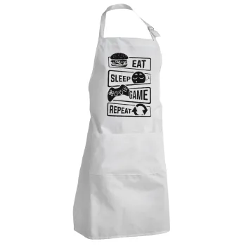 Eat Sleep Game Repeat, Adult Chef Apron (with sliders and 2 pockets)